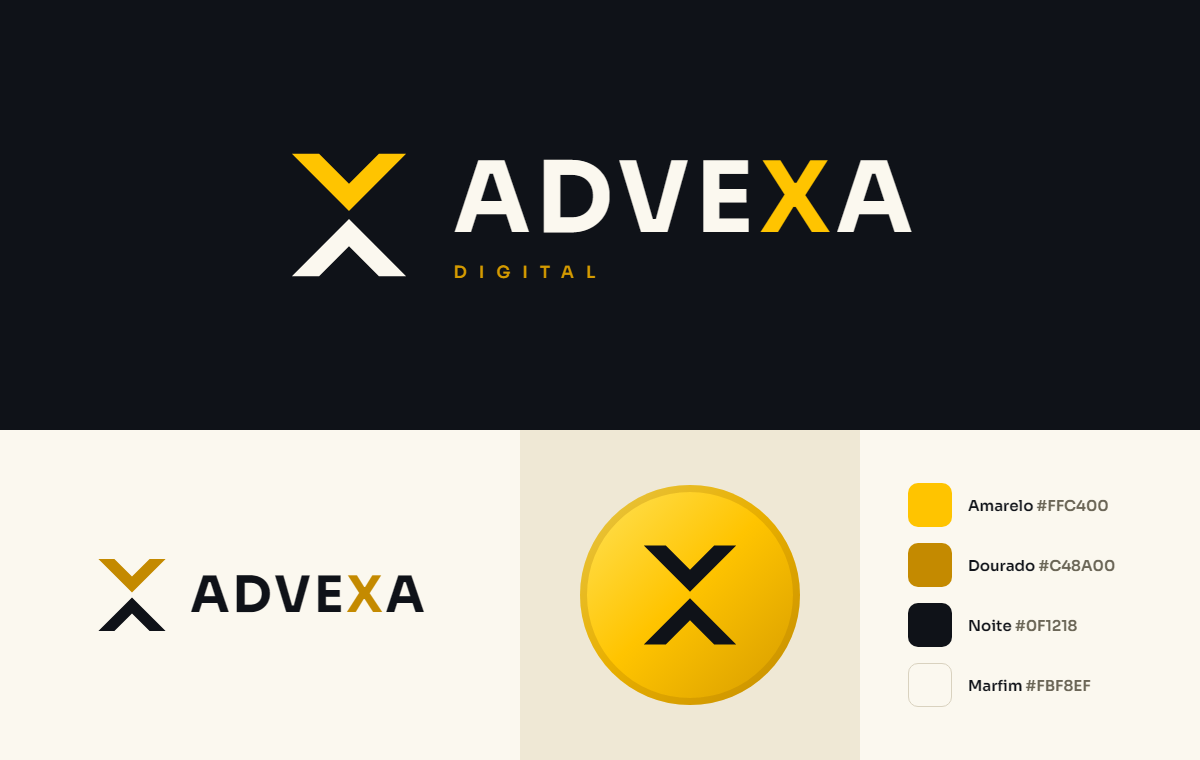 Logo oficial ADVEXA Digital: símbolo geométrico e nome em amarelo e marfim